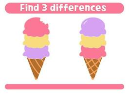 Find three differences. Cute ice cream. Worksheet for kids. vector