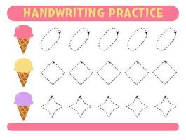 Tracing lines with cute ice cream. Handwriting practice. vector