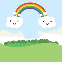 Landscape with rainbow and funny clouds. Vector illustration