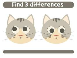 encontrar Tres diferencias linda pequeño gato. hoja de cálculo para niños. vector