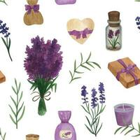 Provence seamless pattern with lavender flowers and gift box, bottle, bag. Hand drawn watercolor vector