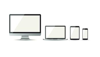 Realistic device flat Icon smartphone, tablet, laptop and desktop computer. Vector illustration on white background