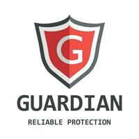 Red shield logo. Vector illustration in flat style with word guardian.