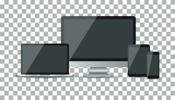 Realistic device flat Icons smartphone, tablet, laptop and desktop computer. Vector illustration on isolated background