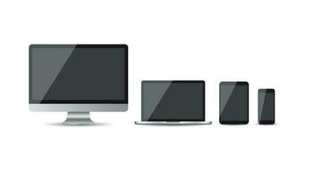 Realistic device flat Icon smartphone, tablet, laptop and desktop computer. Vector illustration on white background