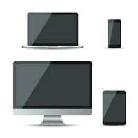 Realistic device flat Icons smartphone, tablet, laptop and desktop computer. Vector illustration on white background