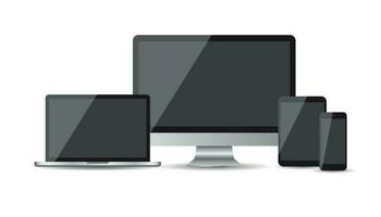 Realistic device flat Icon smartphone, tablet, laptop and desktop computer. Vector illustration on white background