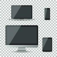 Realistic device flat Icons smartphone, tablet, laptop and desktop computer. Vector illustration on isolated background