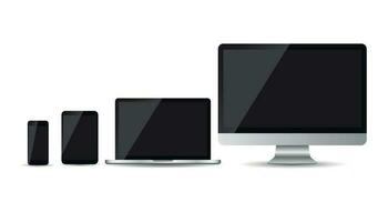 Realistic device flat Icon smartphone, tablet, laptop and desktop computer. Vector illustration