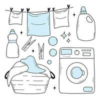 Set of laundry items in doodle style. Linear collection of laundry items. Vector illustration. Isolated elements on a white background.