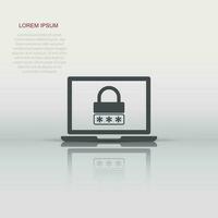 Laptop with password icon in flat style. Computer access vector illustration on white isolated background. Padlock entry business concept.