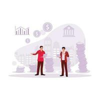 Two young men are discussing coin rows and finance and banking concepts. Trend Modern vector flat illustration.