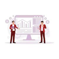 Two business people are looking at a chart of crypto investments on the stock market. Analyze and research growth using computers and tablets. Trend Modern vector flat illustration.