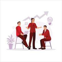 Three men were discussing business seriously. Two of them sat down and opened laptops, and one of them stood up and explained seriously.  Trend modern vector flat illustration.