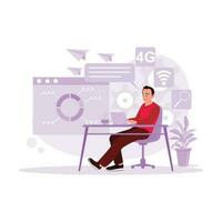 Freelancer busy working on laptop, sending data via 4G internet. Trend Modern vector flat illustration.