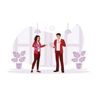 Two office colleagues are standing and discussing business projects with laptops in their hands. Trend Modern vector flat illustration.
