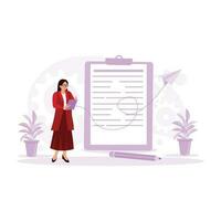 Woman in glasses, standing, holding a clipboard and pen, writing and taking notes. Trend Modern vector flat illustration.