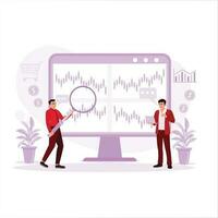 Two young business people work together in the office, discussing and checking stock prices. Trend Modern vector flat illustration.