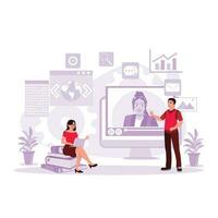 Concept of online education and e-learning for college students. Distance learning using a computer and internet connection. Trend Modern vector flat illustration.