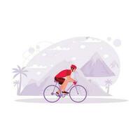 Portrait of an athlete cyclist on a track with a mountain view, pedalling a bicycle at high speed in a cycling competition. Trend Modern vector flat illustration.