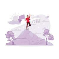 Concept of achievement, victory, success. Depicted with a man holding a flag and standing on a mountain illuminated by the sun. Trend Modern vector flat illustration.