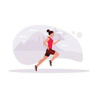 Female sprint athlete running at top speed on a desert track. Trend Modern vector flat illustration.