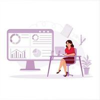 Young businesswoman, busy working in the office with a computer on the table and charting graphs, charts and diagrams. Trend Modern vector flat illustration.