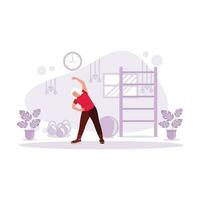 Excited older woman doing light exercise in the sports club. Trend Modern vector flat illustration.