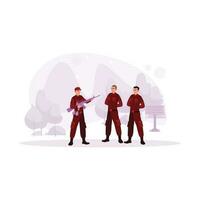 Three soldiers, following military maneuvers, against a shady tree in the background, one carrying a firearm and two with a perfect resting attitude. Trend modern vector flat illustration.