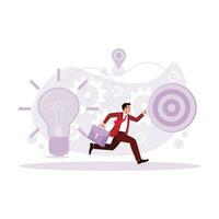 The young man wearing a neat suit and carrying a bag, running enthusiastically, accompanied by lights filled with creative ideas and focused on goals. Trend Modern vector flat illustration.