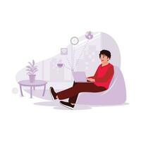 Male freelancer sitting casually on the sofa, analyzing data via laptop with 4G internet wifi connection. Trend Modern vector flat illustration.