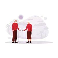 An elderly couple is standing and chatting, looking at each other with a view of the beach and sunset. Trend Modern vector flat illustration.