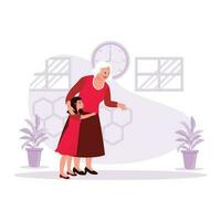 Happy moments of grandma and granddaughter spending time together and warm hugs from granddaughter to grandma. Trend Modern vector flat illustration.