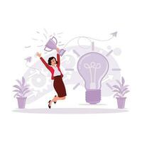 Businesswoman, jumping and holding a trophy in her hands, cheering and celebrating the success of her creative idea. Trend Modern vector flat illustration.