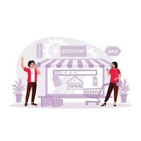 The male salesperson with a loudspeaker doing a discount promotion and a woman standing with a smartphone. Shop, shopping bag, and trolley background. Trend Modern vector flat illustration.