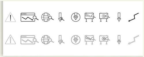 Economic crisis finance and money outline line black icons set. vector