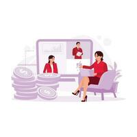Businesswoman was talking and reporting business progress via online meeting conference. Concept of working from home with laptop and tablet. Trend Modern vector flat illustration.
