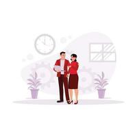 Young couple standing, looking at laptop screen and surfing internet. Trend Modern vector flat illustration.