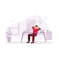 Male employee, taking advantage of free time in his office, enjoying a cup of hot coffee while enjoying his work on the laptop at the table. Trend Modern vector flat illustration.