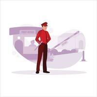 Security guards behaved perfectly in front of the entrance and guard post, ready to maintain security. Trend modern vector flat illustration.