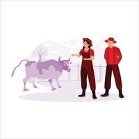 The happy couple, owners of a dairy farm, looking at healthy cows. Trend modern vector flat illustration.