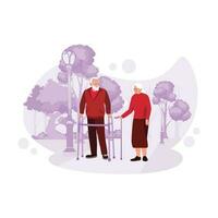 Portrait of a happy elderly couple chatting and walking together in the park using a walker. Trend Modern vector flat illustration.