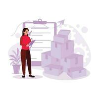 Businesswoman standing among piles of parcel boxes, inspecting and searching for items with her notes. Trend Modern vector flat illustration.