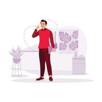 Adult man, standing and holding a book in hand, pointing his head with the index finger, in an office. Trend Modern vector flat illustration.