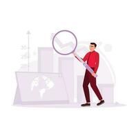 Chart analysis and market research with a magnifying glass were done by a young employee. Trend Modern vector flat illustration.