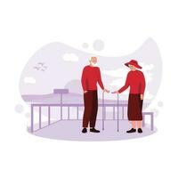 An elderly couple is together on a beach, looking at each other, standing near a guardrail and using a walker. Trend Modern vector flat illustration.