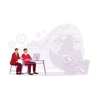 Two workers are looking at computer screens, discussing sales charts, and trying to analyze sales strategy. Trend Modern vector flat illustration.