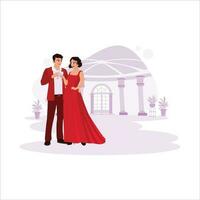 Portrait of a well-matched young couple, looking happy, toasting in a beautiful room with flowers. Trend modern vector flat illustration.