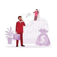 Young businessman, carrying a bag while calling a business colleague, thinking about future projects to make a more significant profit. Trend modern vector flat illustration.