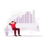 Young male businessman, sitting relaxed in the office, watching development statistics and charts of company stocks. Trend modern vector flat illustration.